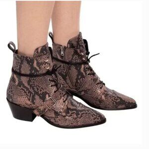 AllSaints Katy Leather Boots Taupe Snake Print Women EU 40 US 10 Heeled Lace Up